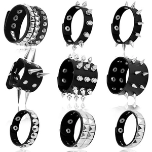 Nine punk rock black faux leather bracelets with silver metal spikes and rivets