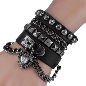 Multi-layer punk leather bracelet with metal chains and pyramid studs featuring a padlock charm