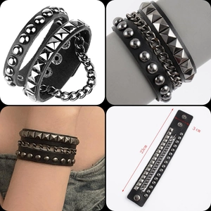 Punk style multi-layer leather bracelet set with silver studs and metal chains