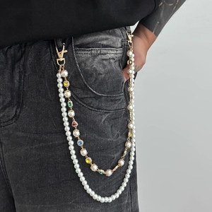 Men's double-layered hip-hop waist chain featuring white pearls and colorful gemstones