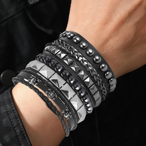 Punk style multi-layer chain bracelet set with studs and skulls for men and women