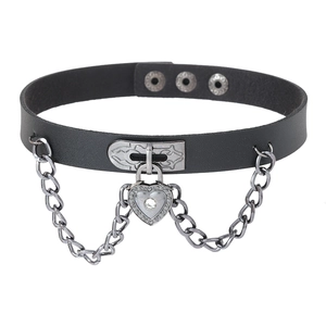 Punk leather choker necklace with heart padlock pendant and silver chains on white background