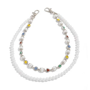 Double-layered pearl chain accessory with multicolored rhinestones and lobster clasps
