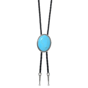 Western-Bolo-Krawatte mit blauem Türkisstein und gravierten silbernen Metallspitzen