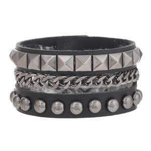 Black multilayer punk bracelet set for men featuring silver spikes and metal chain detail