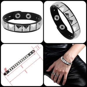 Black leather punk bracelet set with silver pyramid studs and adjustable snaps