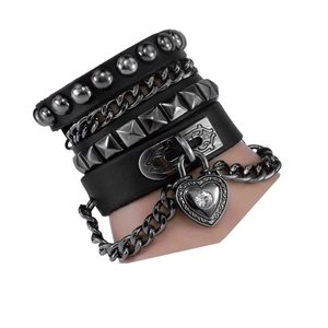 Punk multi-layer black leather bracelet with heart lock and metal chain for men