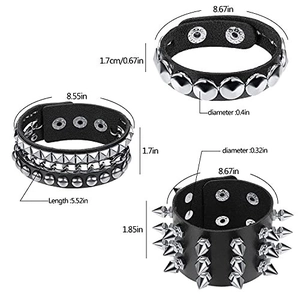 6pcs punk gothic leather bracelet set with metallic rivets and skull accents on white background