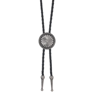 Detail of western bolo tie featuring sunflower pattern silver slide and engraved tips