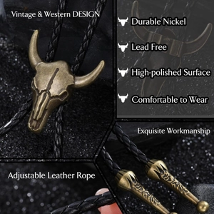 Vintage western bull head bolo tie with adjustable black leather cord and metal tips