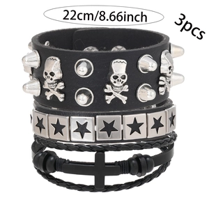Lot de 3 bracelets punk en cuir noir avec têtes de mort, clous et pendentif croix