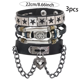 Lot de 3 bracelets punk rock en cuir pour hommes avec charms étoile et boussole 22cm