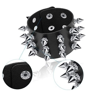 Black PU leather punk bracelet set with silver metal spikes and dual snap button closure