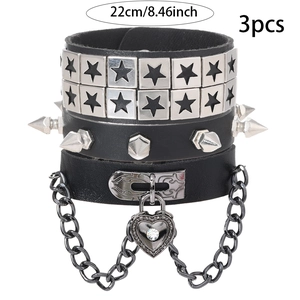 3pcs men's black punk leather bracelet set with star studs, spikes, and heart lock