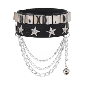 Punk black leather wide bracelet set with silver studs, star metal charms and hanging bell