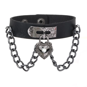 Gothic punk black leather choker with metal heart padlock and crystal stone detail