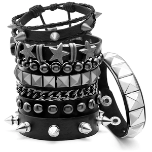 Men Leather Bracelet Set Punk Rock Multi Layer Metal Rivet Spike Star Geometric Hip Hop Braided Adjustable Jewelry