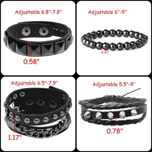 Size chart for 4-piece punk leather bracelet set with adjustable lengths and dimensions