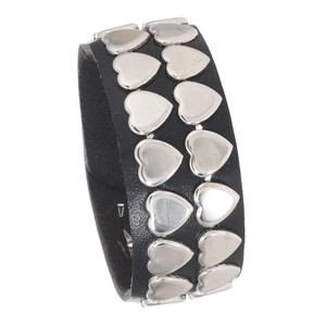 Three-piece punk set of black wide leather bracelets with silver heart-shaped rivets