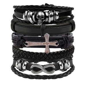 Vintage Punk Men Leather Bracelet Hand-Woven Multi-Layer Wrap Bracelets With Alloy Skull Cross Infinity Charms Gothic Rock Jewelry