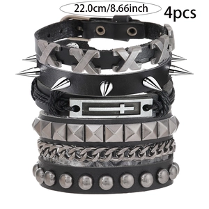 Lot de 4 bracelets punk rock hip hop pour hommes en cuir noir avec rivets argentés