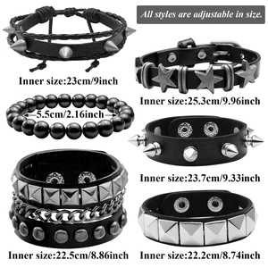 6-piece black multi-layer punk chain bracelets with rivets and stars for men