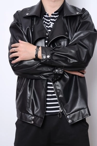 Close-up of black PU leather jacket featuring metallic zipper details and matte texture