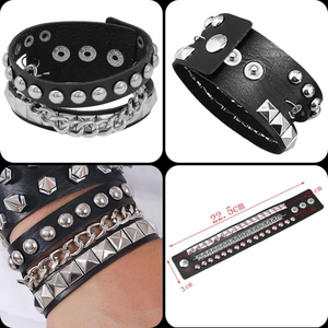 Detail view of black punk leather bracelets with silver studs and metal chains in four-grid layout