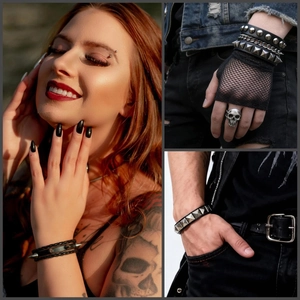Punk multilayer leather studded bracelets and silver skull rings for men and women