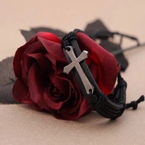 Men's retro cross leather bracelet with woven cord and vintage silver charm