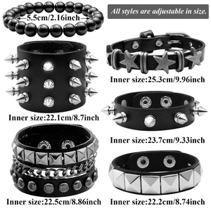 Set of 6 punk leather bracelets featuring metal spikes and star studs on white background