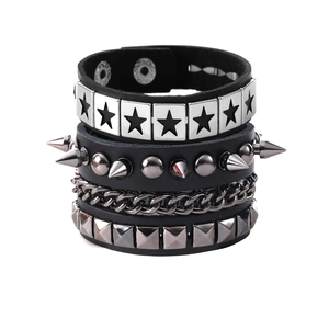 Punk Style Black Leather Bracelet For Men Women Vintage Rock Rivet Metal Chain Pentagram Adjustable Wristband Jewelry