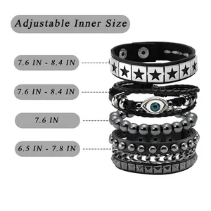 Size guide for multi-layer leather bracelet set featuring evil eye and star charms