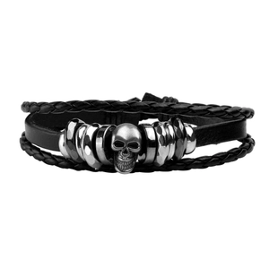 Men's multilayer black leather bracelet with silver skull charm and punk rock metal rings
