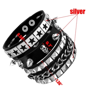 Set di 3 bracciali punk in pelle con borchie argentate, catene e ciondoli a stella