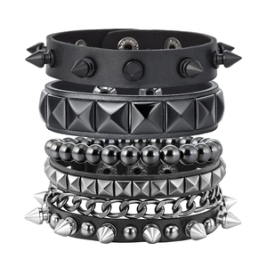 Punk Gothic Men's Leather Bracelet With Alloy Rivets Spikes Chain Multilayer Rock Wristband Jewelry Gift