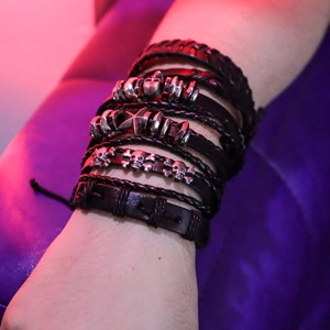 Men's punk multi-layer black leather bracelet set featuring skull and star charms
