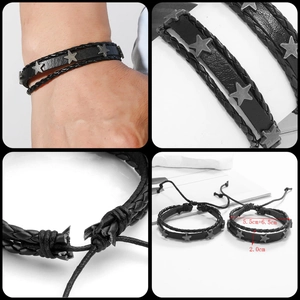 Detail of black leather punk bracelet featuring metal star studs and layered cords