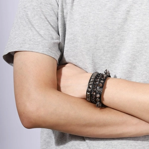 Punk gothic leather bracelet set for men featuring metal chains and metal rivets studs