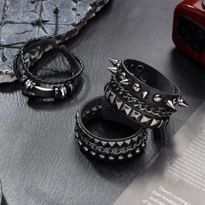 Set of 3 Punk leather and chain bracelets with black rivets and metallic studs for men