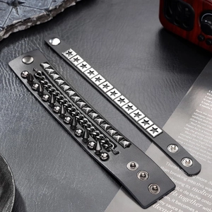 Two-piece set of punk leather bracelets featuring metal spikes and star studs for men and women