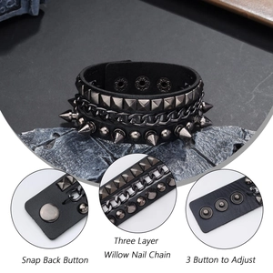 Men's punk leather bracelet set featuring metal chains and rivet layers with snap closure