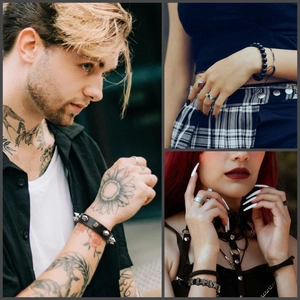 Detailed view of punk leather spiked bracelets and gothic star charms on male and female models