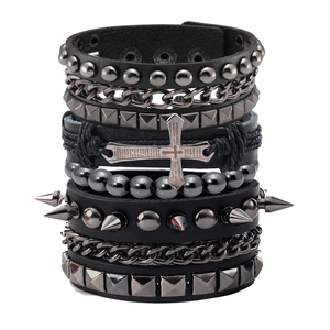 Black leather punk bracelet set with metal cross pendant and silver rivet studs