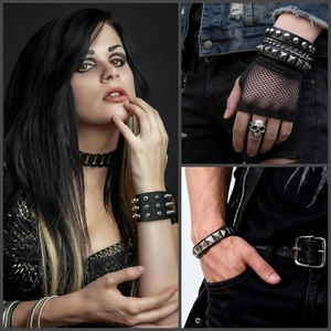Punk leather spike bracelet set with silver skull rings and gothic fingerless mesh gloves