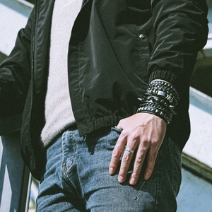 3-piece punk chain bracelet set for men with rivets and leather bands worn by model
