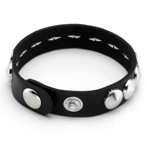 Gothic punk black leather bracelet featuring silver metal round studs and snap button closure