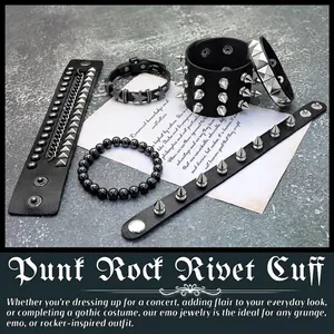 Punk rock 6-piece leather bracelet set with metallic studs and star charms