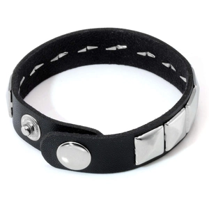 Punk black leather wristband with silver square studs and adjustable snap buttons