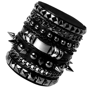 Punk style multi-layer wide leather bracelet with metal chains and silver studs
